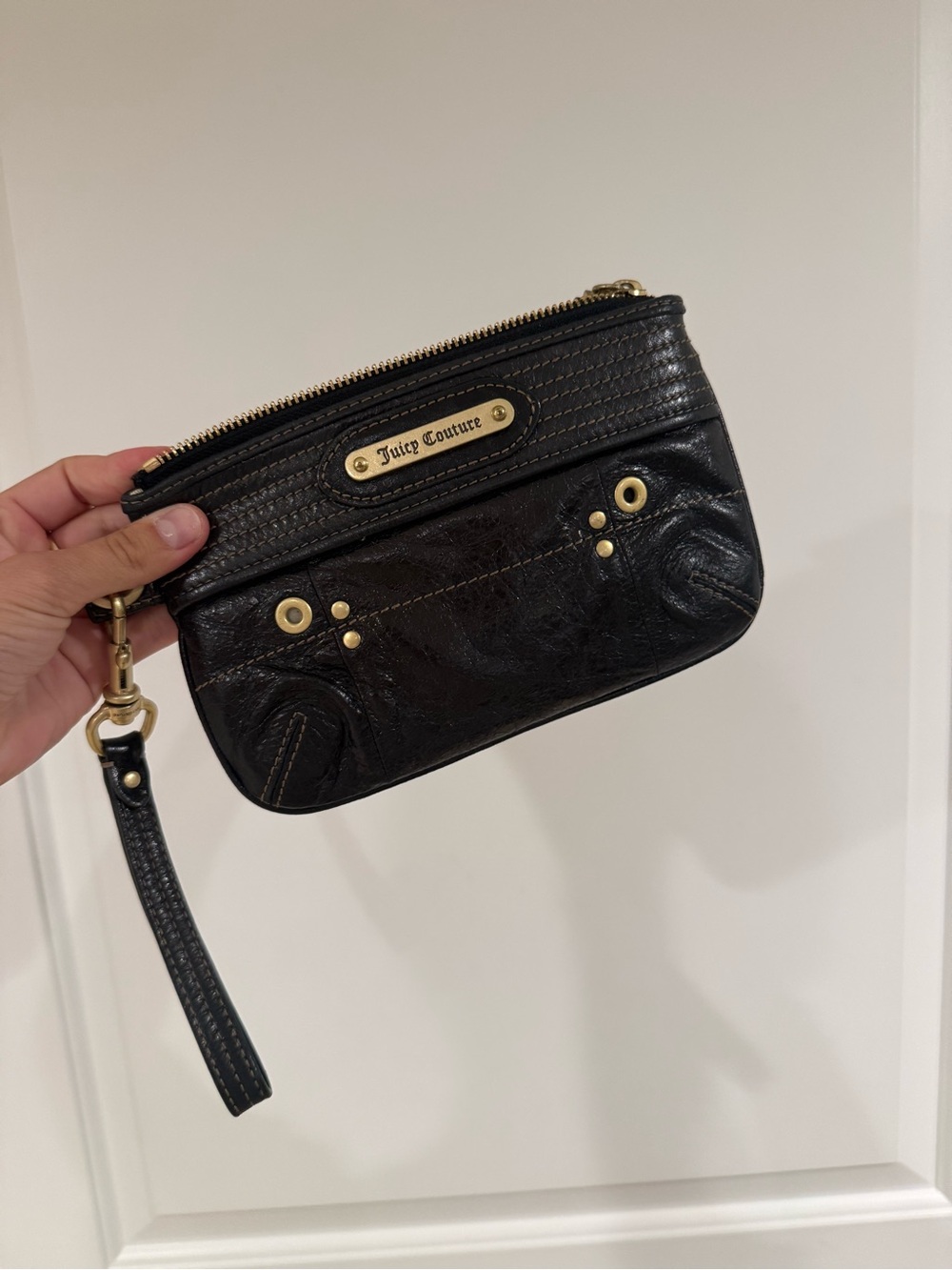 Juicy Couture Black Leather Wristlet with Gold Hardware